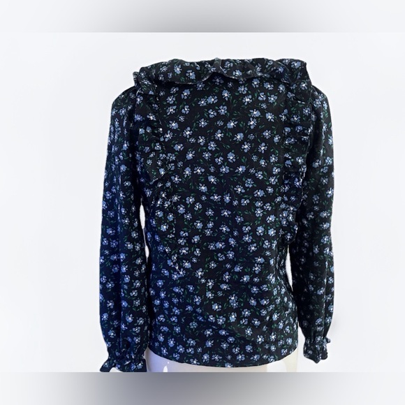 LOFT Black and Blue Floral Ruffle Blouse Boho Cottagecore Easter Spring Work - Picture 2 of 7